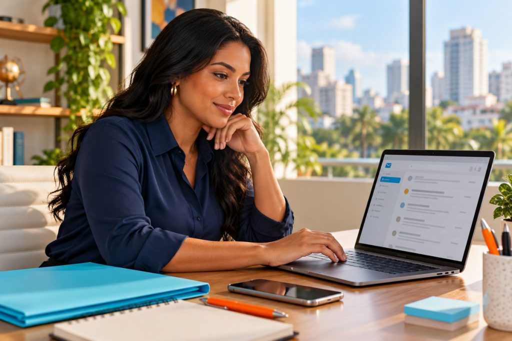 Profesional usando correo corporativo en su oficina
